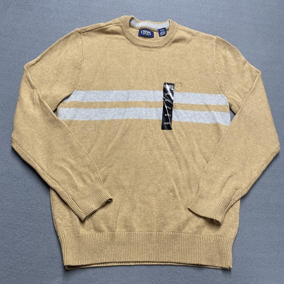 Chaps Other - Chaps Sweater Mens Small Beige Gray Stripe Cotton Crewneck Knit‎ Pullover Logo